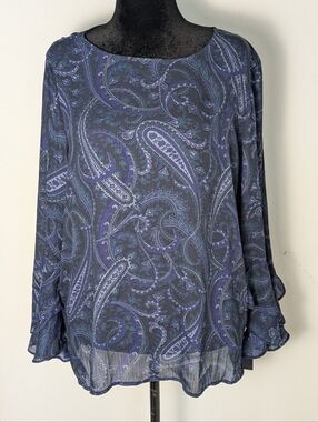 Chaps Women's Sheer Blouse Flare Sleeves Paisley Print Women's Blue Size XXL New